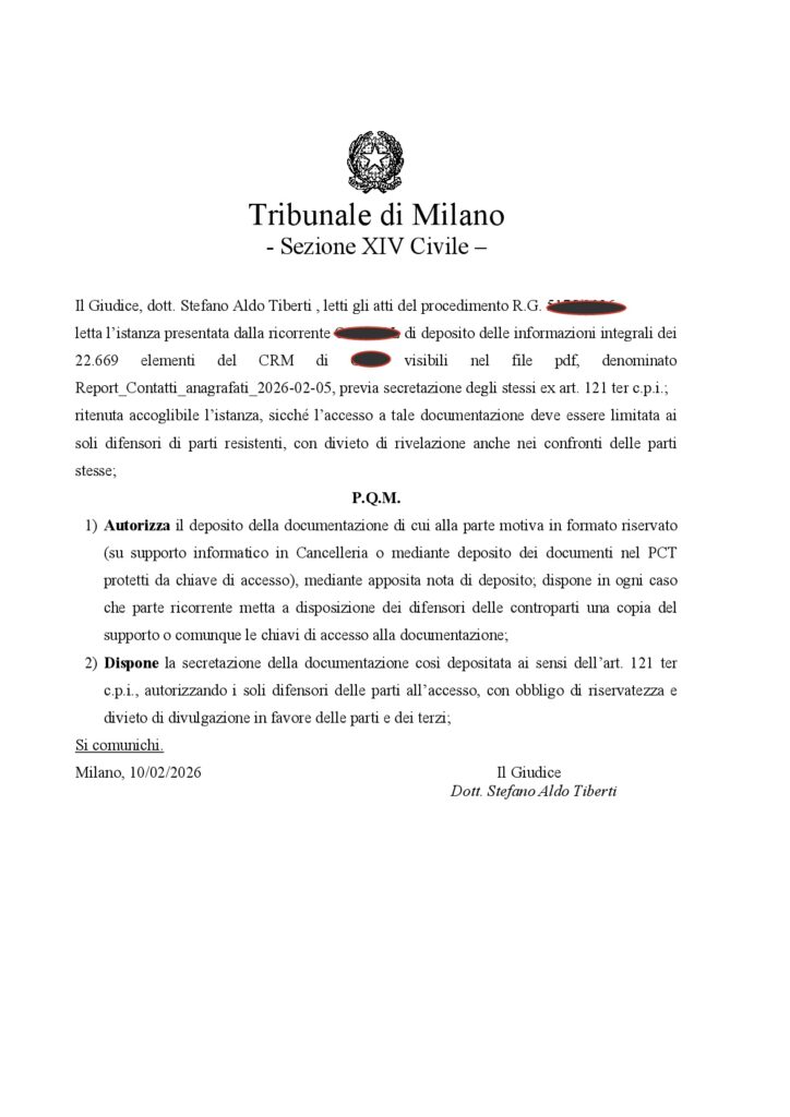 Ordinanza di accoglimento dell'istanza di segretazione ex art. 121-ter c.p.i. (testo anonimizzato)