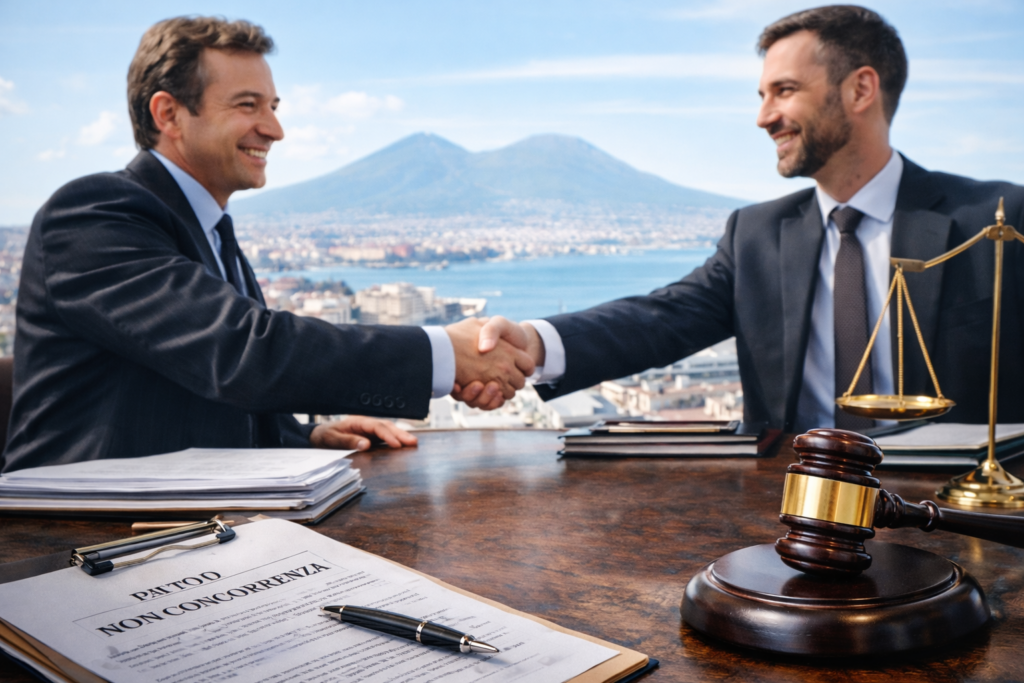Due professionisti in giacca si stringono la mano dopo aver firmato un patto di non concorrenza, con documenti legali sul tavolo e il Vesuvio e il Golfo di Napoli sullo sfondo.
