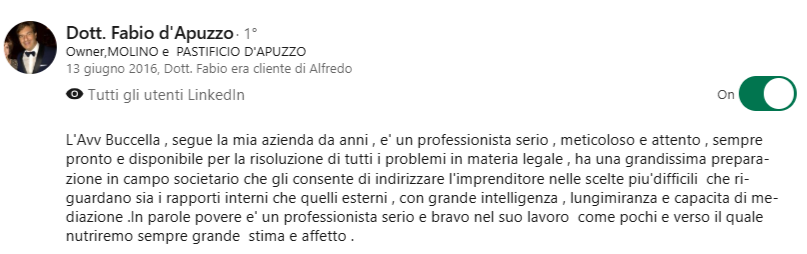 Screenshot raccomandazione LinkedIn di Fabio d’Apuzzo