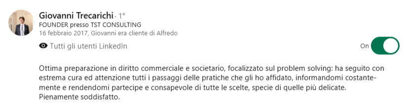 Screenshot raccomandazione LinkedIn di Giovanni Trecarichi