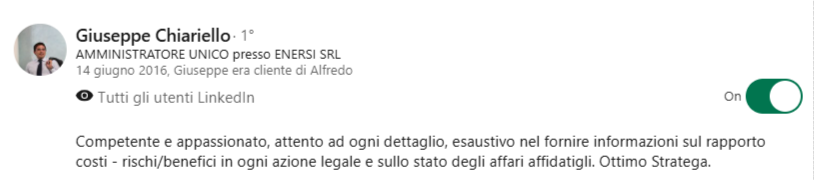 Screenshot raccomandazione LinkedIn di Giuseppe Chiariello