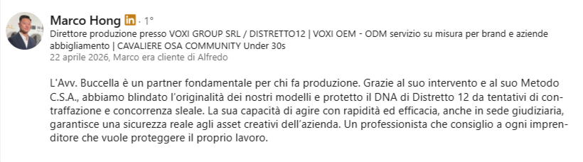 Screenshot raccomandazione LinkedIn di Marco Hong