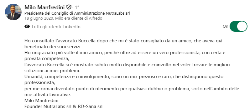 Screenshot raccomandazione LinkedIn di Milo Manfredini