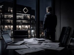 concorrenza sleale prove: imprenditore di spalle davanti alla finestra, di notte, con i documenti del fascicolo sul tavolo