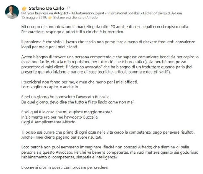 Screenshot raccomandazione LinkedIn di Stefano De Carlo